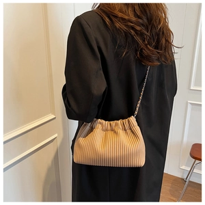 Close-up of beige pleated bucket bag with chain strap worn over a black blazer