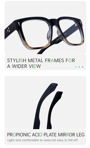 Detail view of square glasses frame showing propionic acid plate temples and texture