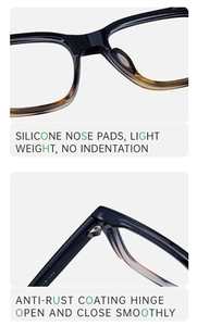 Detail view of comfortable silicone nose pads and durable metal hinges on square glasses