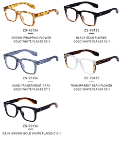 Detailed view of square eyewear frames in five classic colors with golden rivets