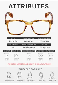 Detailed size chart for retro square eyewear with frame dimensions and facial fit guide