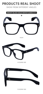 Three angles of bright black square optical frames with gold metal decorative dots