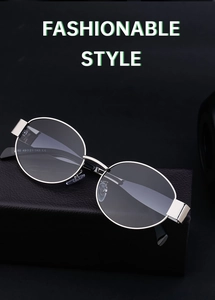 Detail of silver oval metal frame sunglasses showing hinge and temple measurements