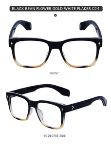 Detail view of retro square eyeglass frames in black to amber gradient finish