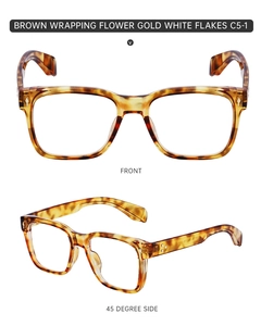 Detail view of brown tortoiseshell square frame glasses with gold metal rivet accents