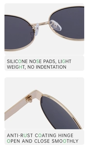 Detail view of oval sunglasses featuring silicone nose pads and rust-proof metal hinges