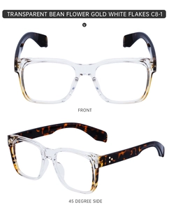 Front and 45-degree side view of C8-1 square glasses frames with tortoiseshell details