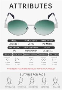 Detailed spec sheet for oval sunglasses with green gradient lenses and metal frames