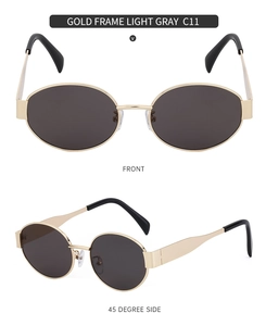 Detailed views of gold metal sunglasses with light gray lenses from front and side angles