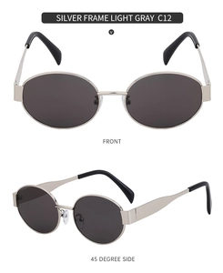 Front and 45-degree side view of oval silver metal sunglasses with dark gray lenses
