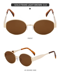 Front and 45-degree side view of oval gold frame sunglasses with light brown lenses