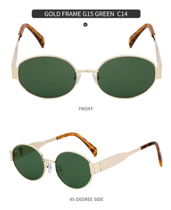 Front and side view of retro gold metal sunglasses with dark green lenses and tortoiseshell tips