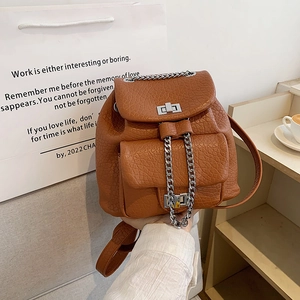 Fashion Mini Backpack PU Leather Litchi Texture Silver Chain Metal Lock Casual Travel School Bag For Women