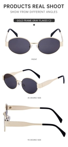 Three-angle views of oval sunglasses with gold frames and dark grey lenses in C2 color