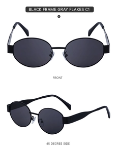 Detailed front and side view of oval black sunglasses with premium gray lenses