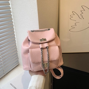 Pink faux leather backpack with silver chain and turn-lock closure for women fashion