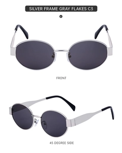 Detailed views of retro oval sunglasses with silver metal frame and grey lenses C3