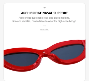 Dettaglio occhiali da sole cat eye rossi con supporto nasale a ponte curvo integrato