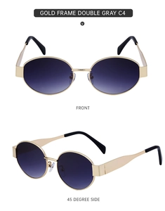 Front and 45-degree views of oval gold frame sunglasses with gradient grey lenses