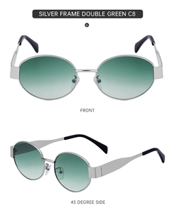 Detail view of silver metal sunglasses with double green gradient lenses and black tips