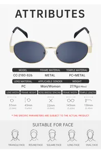 Detailed size chart for oval sunglasses featuring precise metal frame dimensions and face fit