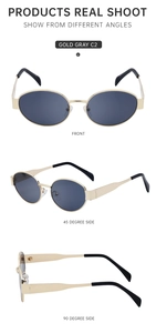 Detailed views of gold oval metal sunglasses with gray lenses in three angles