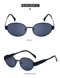 Front and 45 degree side view of retro oval sunglasses in black gray finish