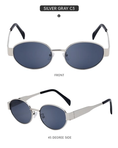 Front and 45-degree side view of oval retro silver metal sunglasses with gray lenses