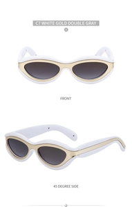 Viste dettagliate degli occhiali da sole cat eye bianchi con accenti in metallo oro