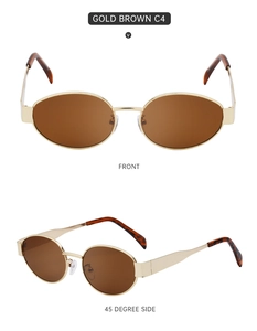 Front and 45-degree views of gold oval metal sunglasses with brown lenses C4