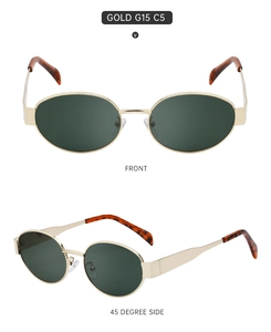 Detailed view of oval sunglasses with gold frames and G15 green lenses at two angles