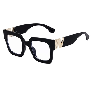 Square frame sunglasses in glossy black with elegant gold metal decorative temple accents
