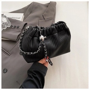 Fashionable black pleated cloud bucket bag with silver chain strap and metal ball detail