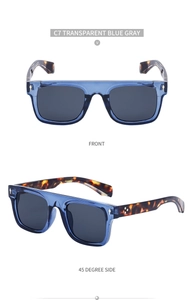 Dettaglio degli occhiali da sole quadrati grigio blu trasparente con aste leopardate