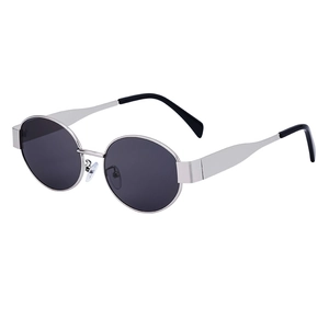 Vintage round sunglasses with silver metal frames and dark gray lenses for women