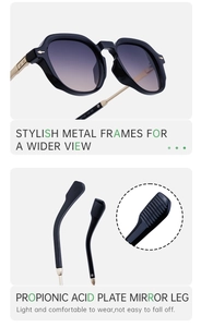 Detail of metal frame sunglasses with non-slip propionic acid temples for comfort