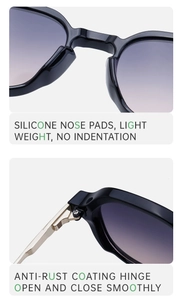 Detail of silicone nose pads and anti-rust hinges on vintage square black sunglasses