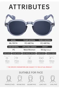 Detailed size chart and technical specifications for square frame vintage sunglasses