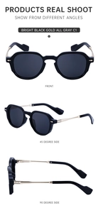 Three angles of retro square frame sunglasses with black and gold metal temples