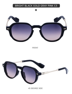 Detailed front and side view of black frame vintage sunglasses with gradient lenses