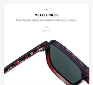 Macro view of a durable metal hinge and printed size specs on tortoise sunglasses