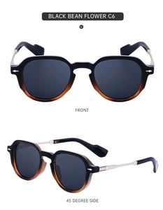 Front and 45-degree side views of retro square sunglasses in black bean flower pattern