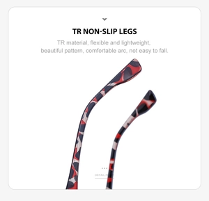 Detail view of TR90 non-slip eyeglass temples with stylish red and black leopard pattern