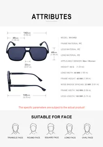 Detailed size chart for double-bridge aviator sunglasses with frame measurements