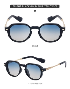 Front and side view of square sunglasses with bright black frames and gold temples