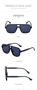 Detail view of large square black sunglasses with double bridge and dark grey lenses