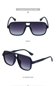 Front and side view of square aviator sunglasses with black double bridge and gray gradient lenses
