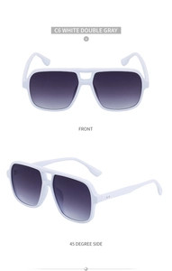 Detailed front and side view of white double-bridge retro sunglasses with gray lenses