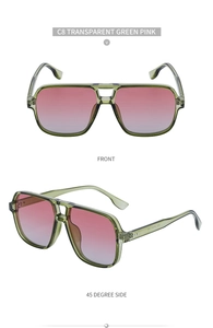 Detail of transparent green double bridge sunglasses with pink-purple gradient lenses