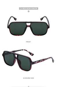 Front and side view of pilot sunglasses with red demi tortoise frames and green lenses